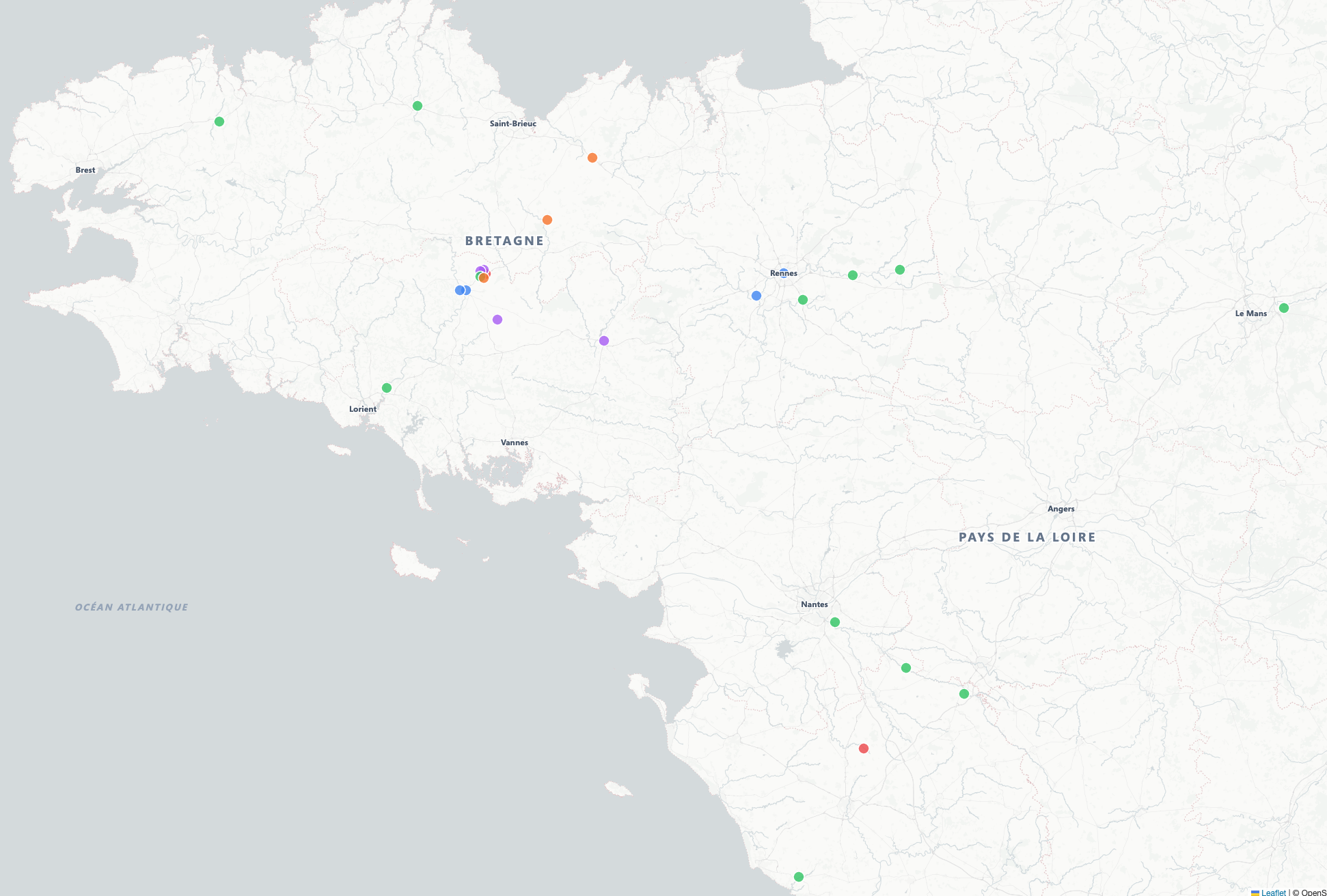 Carte des 25 sites du Groupe Glon en Bretagne et Pays de la Loire