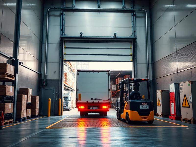 Camion et chariot élévateur passant sous une porte rapide de quai logistique